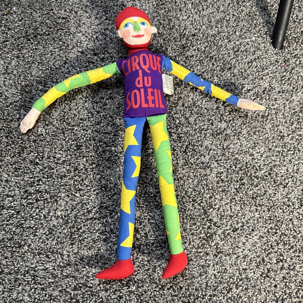 Cirque Du Soleil Blue and Yellow Plush Jester Hat Bells and Acrobat Clown Doll